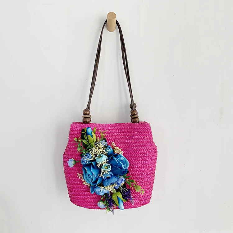 Bolsa feminina rattan, moda verão palha azul flores artificiais cravejadas bolsa de ombro chapéu