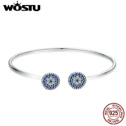 WOSTU Genuine 925 Sterling Silver Lucky Blue Eyes Blue CZ Open Cuff Bangle & Bracelet For Women Luxury Silver Jewelry CQB058