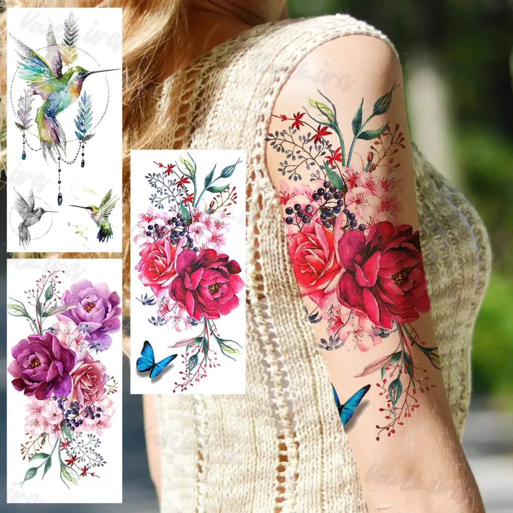 Rose Flower Butterfly Temporary Tattoos For Girls Women Realistic Hummingbird Dahlia Flora Fake Tattoo Sticker Sexy Arm Tatoos