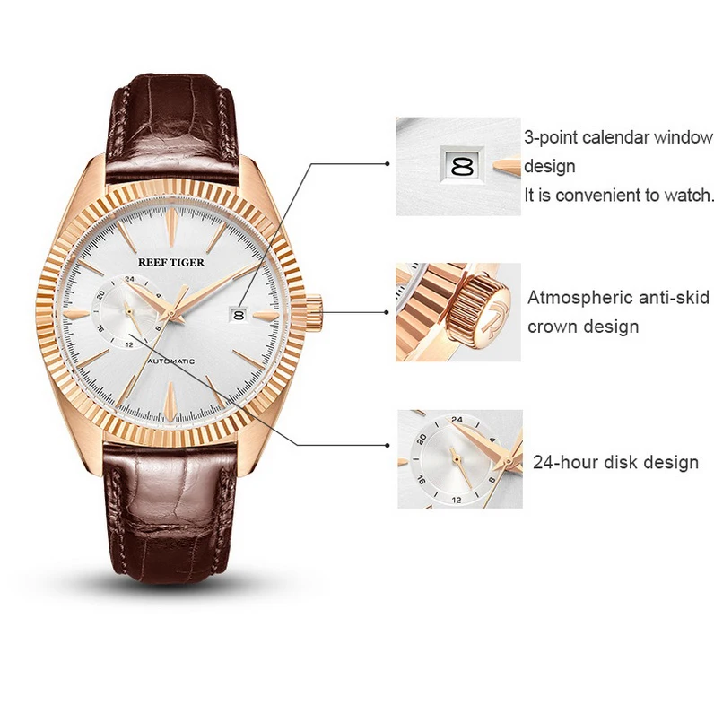 Reef Tiger Reloj automático para hombre, reloj de pulsera mecánico de 42 mm, resistente al agua hasta 5 ATM, segunda esfera pequeña