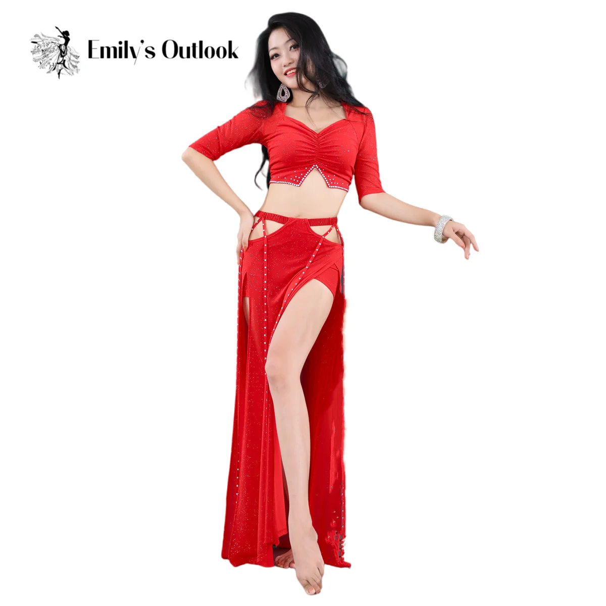 2022 Spring Women Belly Dance Costume 2 Piece Set Oriental Dance Performance Show Clothes Silver Shine Rhinstone Flowy Skirt Red