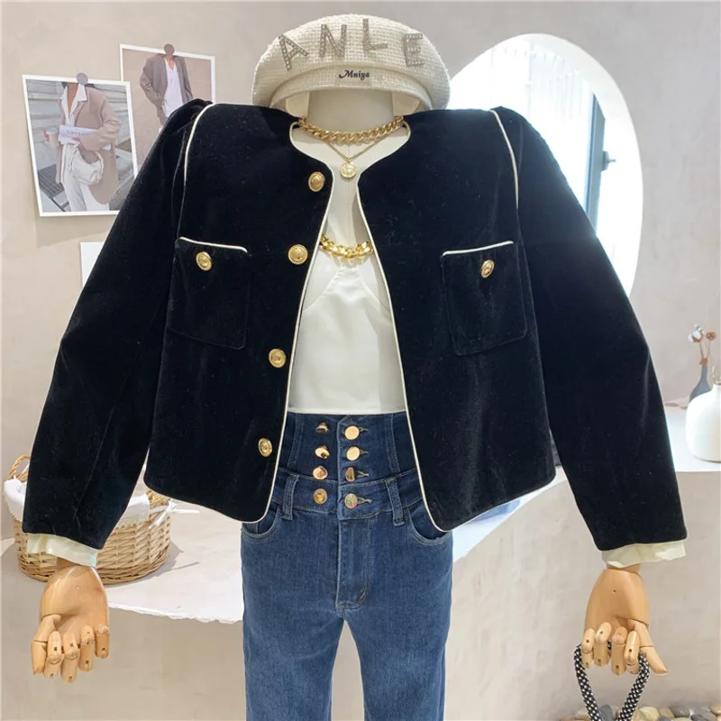 Designer Fashion Button Single Breasted Short Jacke Coat Autumn Women Vintage Elegant Golden Velvet Black Versatile Outerwear