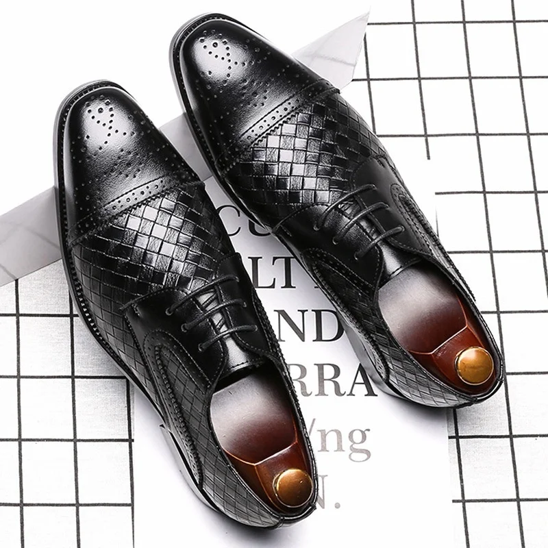 Men\'s Woven Leather Dress Shoes Mens Classic Vintage Derby Shoes Brogue Shoes Men Lace-Up Business Office Party Wedding Shoes