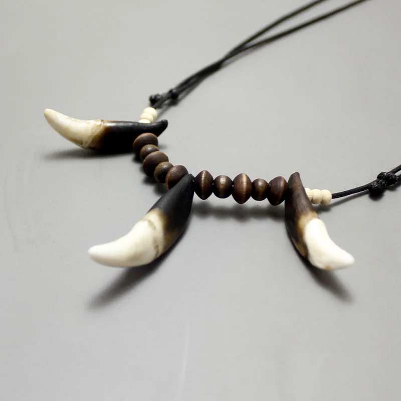 Tribal Natural Fangs Wolf Tooth Pendant Genuine Leather Chain Beaded Surfer Necklace Choker Amulet Gift