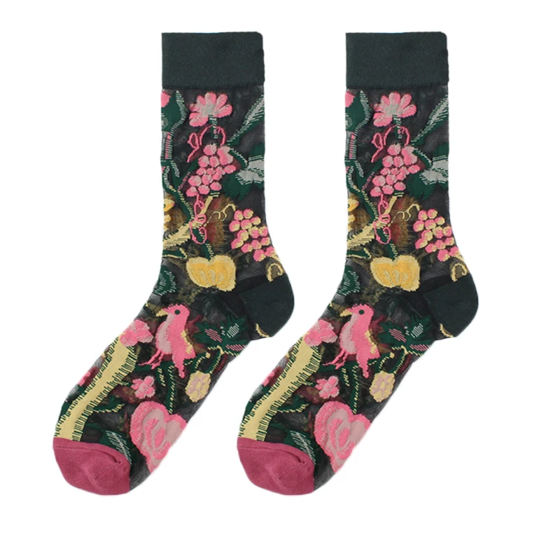 France Hipster Design Glass Silk Floral Bird Funny Socks Women Transparent Streetwear Art Sokken Jacquard Calcetines Divertidos