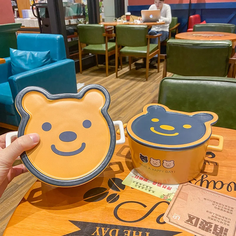 Ceramic Instant Noodle Bowl Cartoon Cute Bear Home with Cover Ears Convenient Ramen Bowl Dormitory for Students Soup Bowls