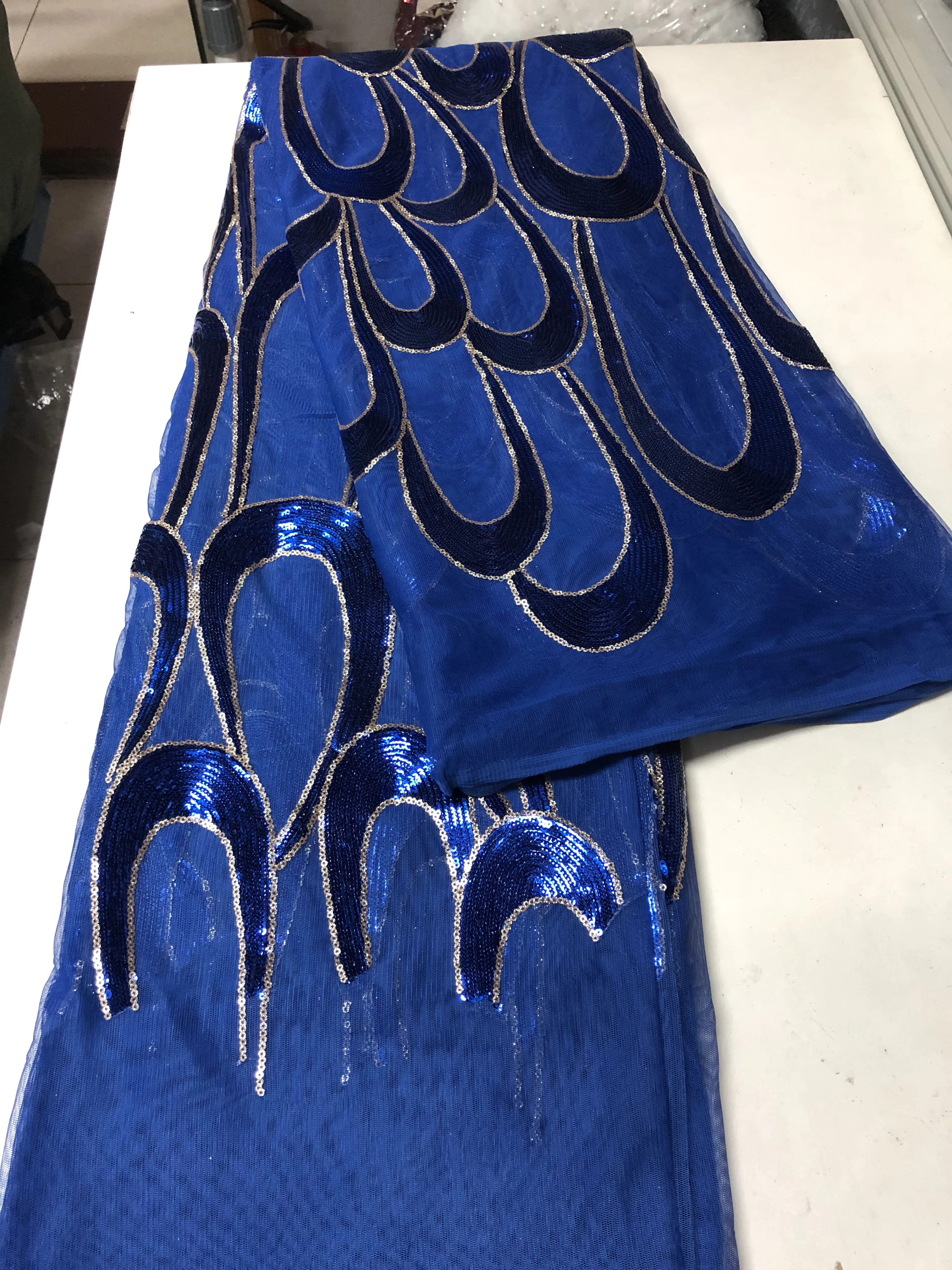 

H-181095 Blue color High Quality African Lace Fabric Tulle Lace Fabric with Sequins Nigerian Tulle Lace Fabric