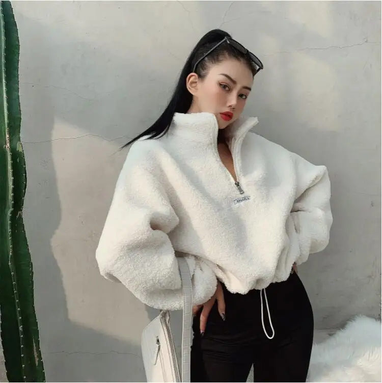 Women Fleece Solid Fuzzy Crop Top Casual Loose Black White Grey Sweatshirts Drawstring Hem Faux Fur Zip Front Baggy Pullovers