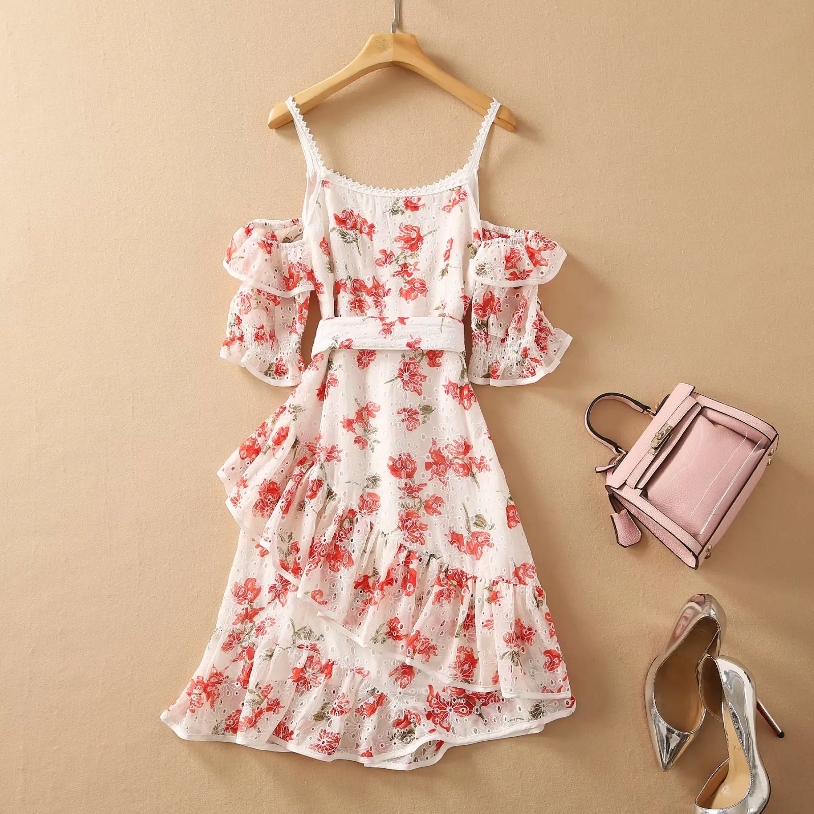 

High Quality Nice Summer Woman Elegant Ruffled Slash Collar Off the Shoulder Guipure Lace Embroidered Floral Printed Strap Dress