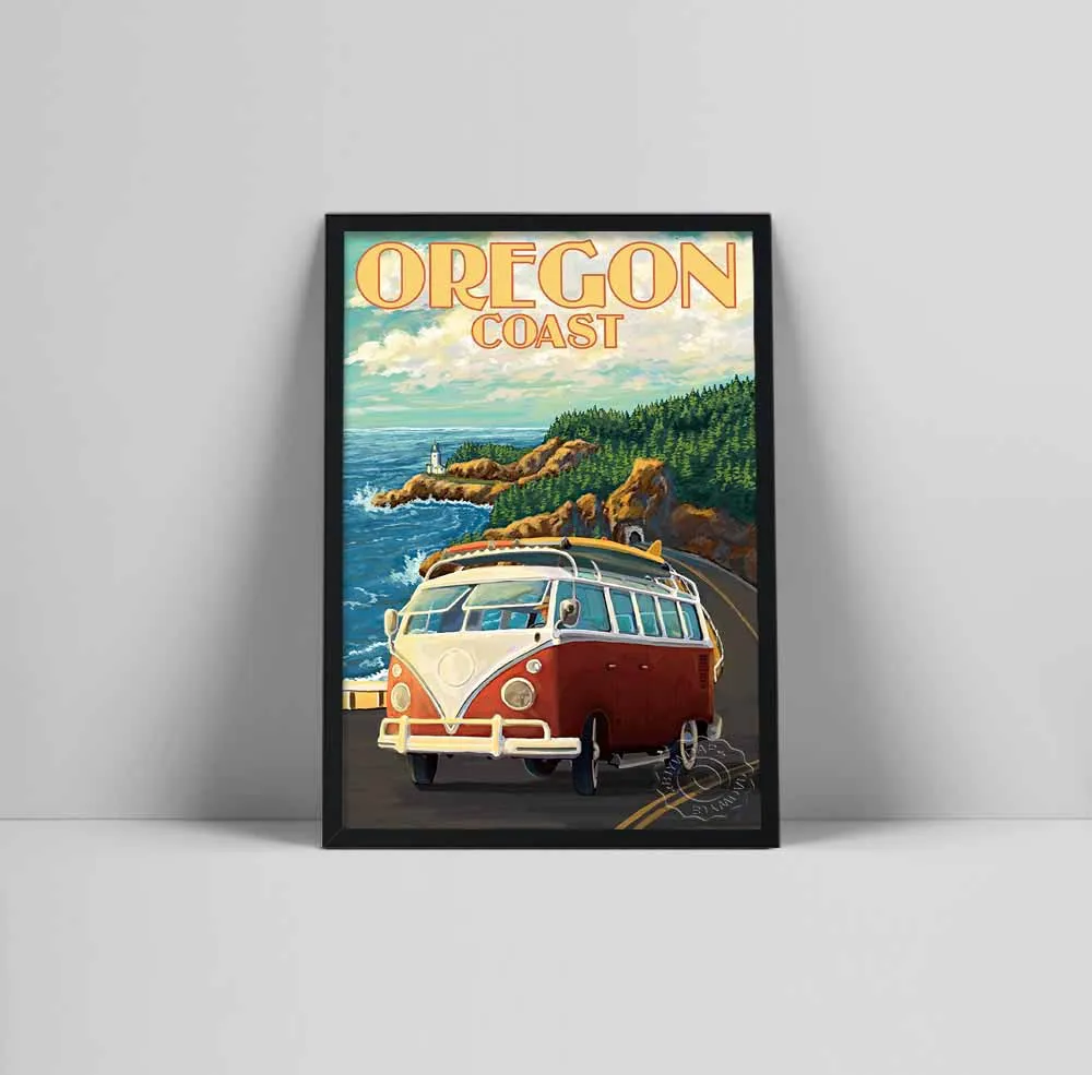 Retro Camper Van Cruising Art Prints Posters Oregon Coast Tourist Visitors Poster Wall Decor Canvas Painting Art Gift Home Decor