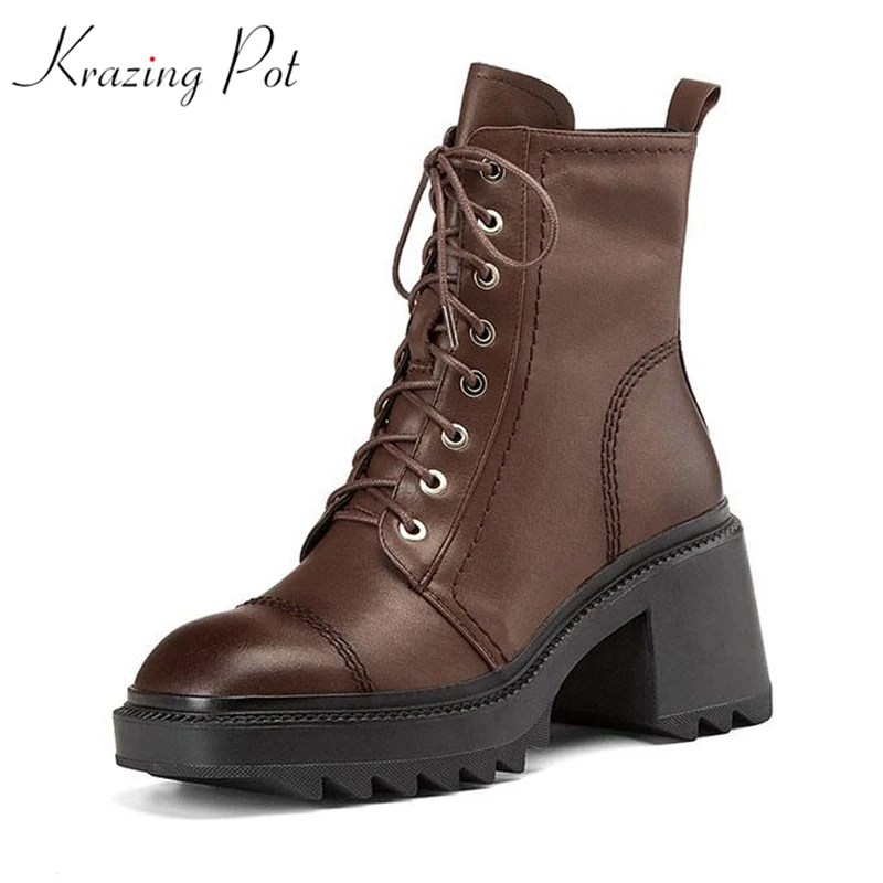 

Krazing Pot Full Grain Leather Classic Western Boots Rivets Cross-tied Round Toe Non-slip Winter Thick High Heels Ankle Boots