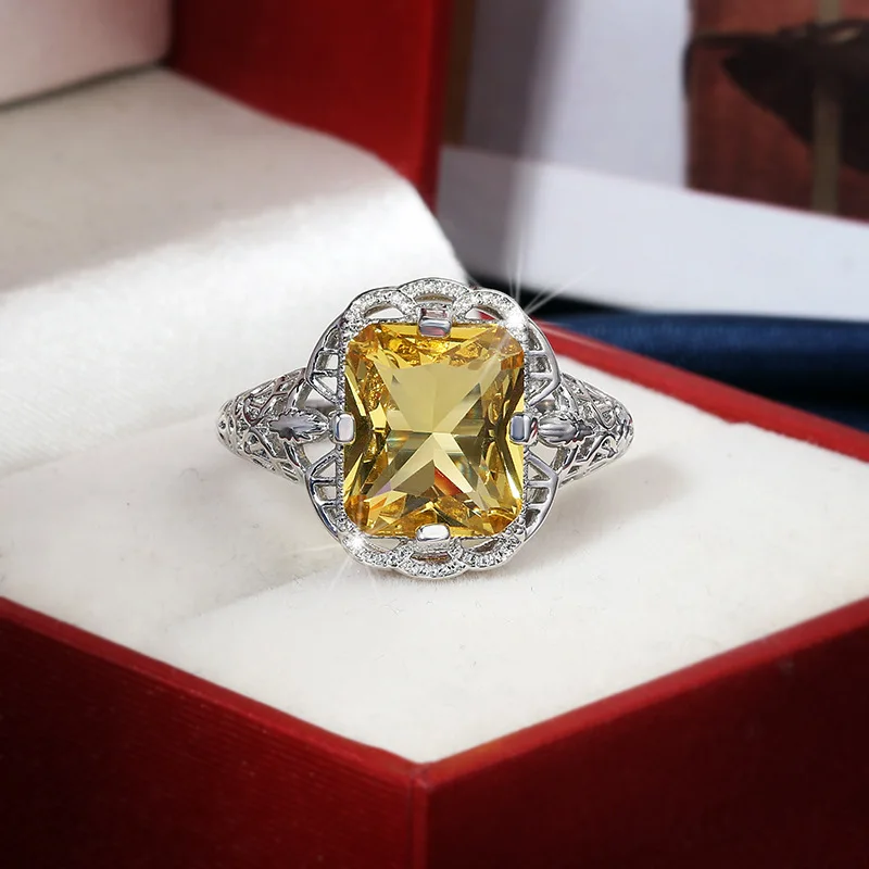 Ladies 925 sterling silver high-grade moissanite citrine hollow wedding engagement ring high-end jewelry luxury ladies ring