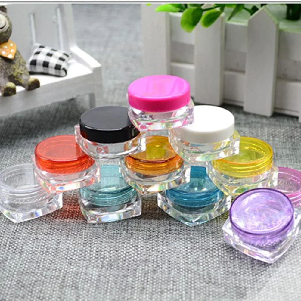 Leere 3 gr/ml Kleine klare quadratische kunststoff ps jar fall box für probe Kosmetische, creme Make-Up nail art glitter staub pulver 144 teil/los