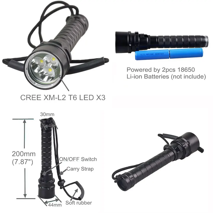 Topcom IP68 Professional Diving Flashlight Scuba Safety Underwater Torch Light With Non-slip Rope Power By 18650 Battery