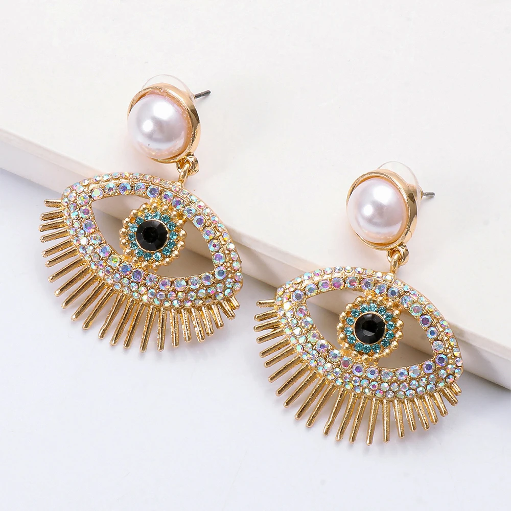 Fashion Pearl Gold Plated Drop Earrings Crystal Evil Eye Shape GeometricEarrings Women Weding Party Jewelry