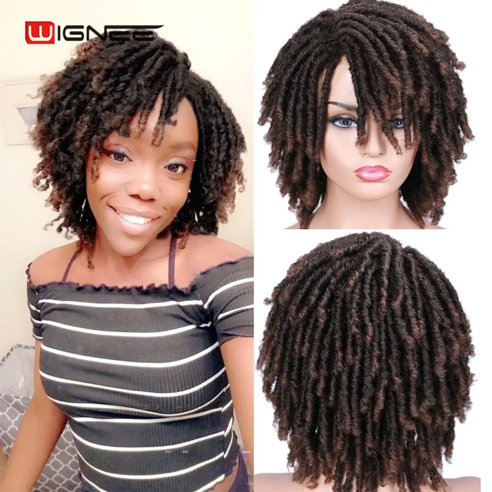 Wignee Short Soft Brown Synthetic Wigs For Women Faux locs Afro Kinky Curly Braiding Hair With Bangs Crochet Twist Hair Wigs