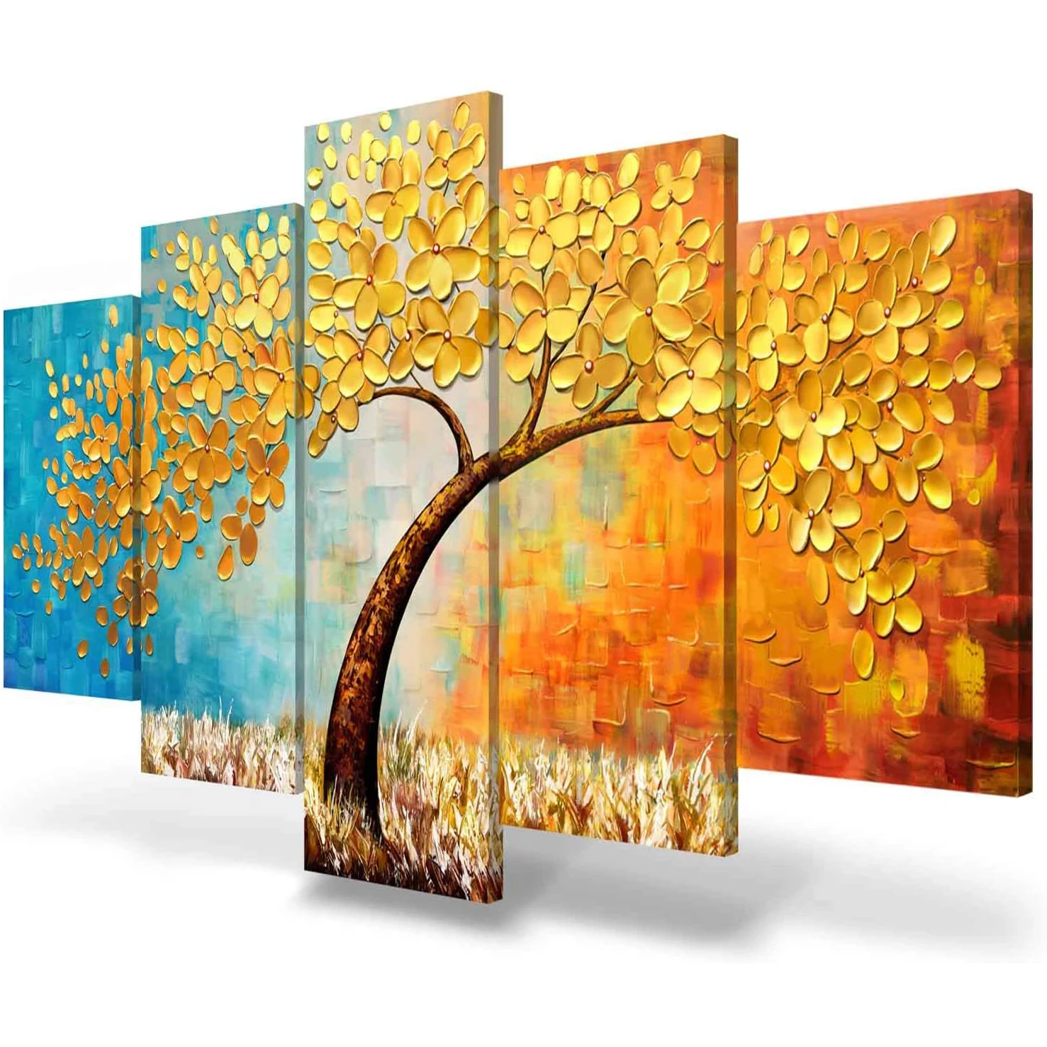 

Unframed 5 Panel Golden Flower Blossom Modular Pictures Wall Art Home Decor Posters Canvas Paintings for Living Room Decorations