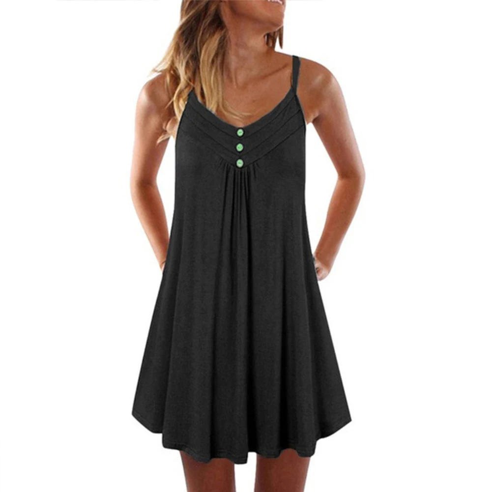 Women Summer Sundress Sexy V Neck Sleeveless Button Pleated Large Hem Sundress Female Boho Knee-length Casual Dress Loose