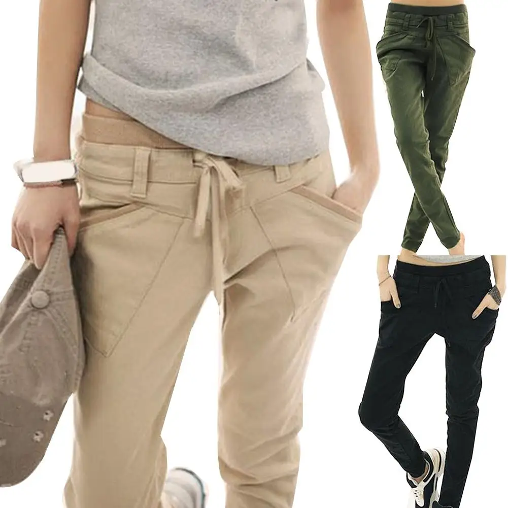 

Chic Women Solid Color Drawstring Elastic Waist Slims Fit Pencil Pants Trousers Slacks with multiple pockets and leg straps