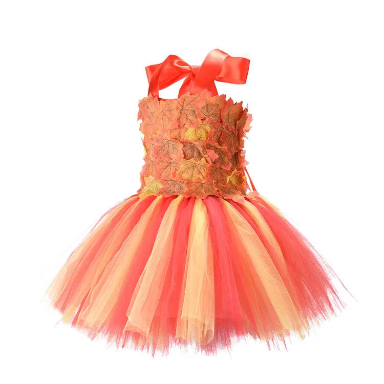 2020 New Simulation Maple Leaf Girl Dress Thanksgiving Orange Yellow  Kids Dresses for Girls  Flower Girl Birthday Tutu Dresses