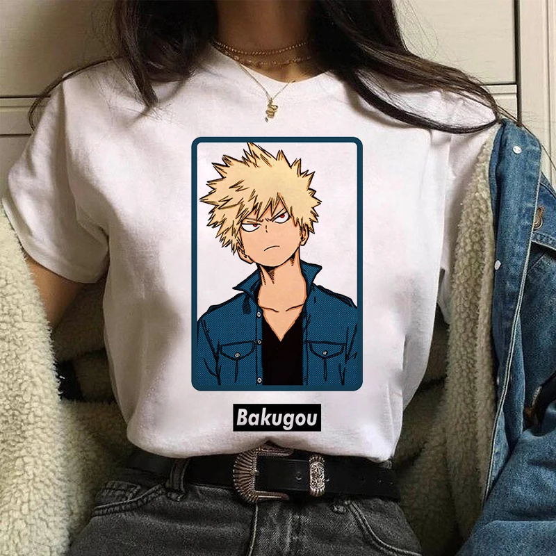 Katsuki Bakugo japońskie Anime drukuj Goth damska koszulka na co dzień podstawy o-kołnierz biała koszula z krótkim rękawem damska Tshirt,Drop Ship