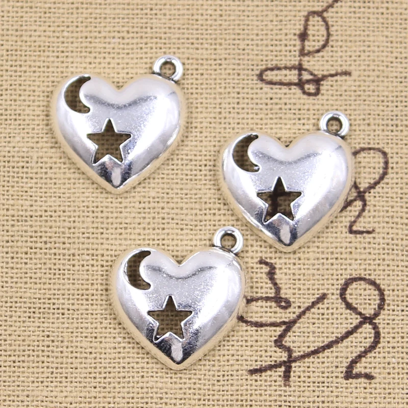 15pcs Charms Heart Moon Star Cut 18x19mm Antique Silver Color Pendants DIY Crafts Making Findings Handmade Tibetan Jewelry