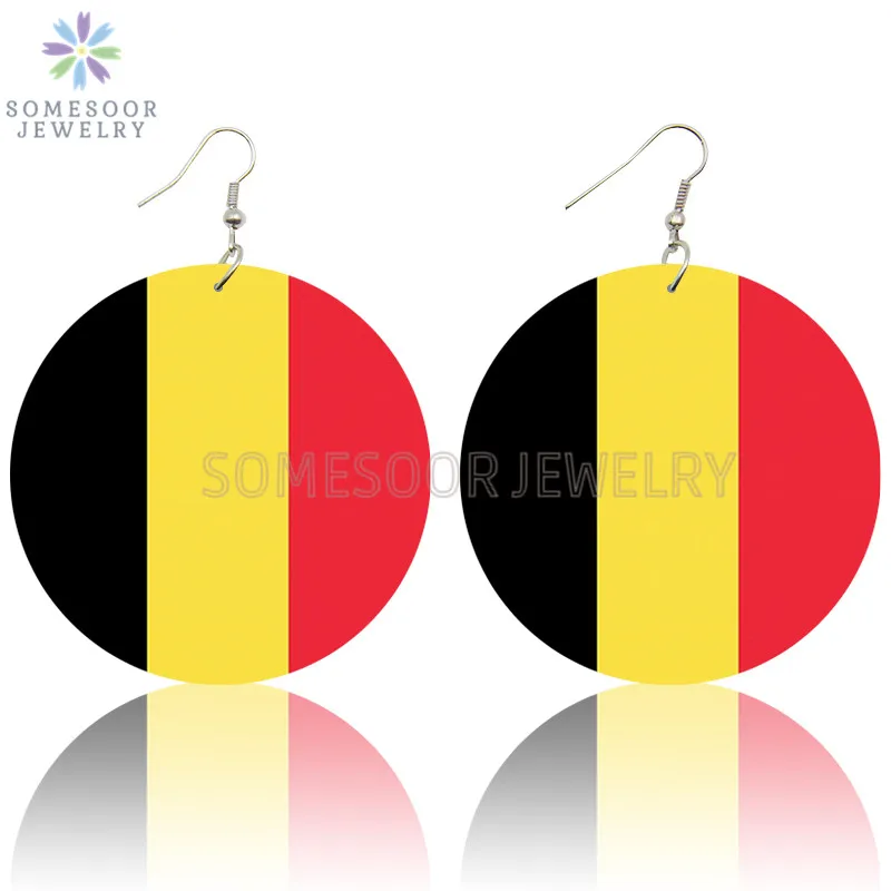 SOMESOOR Love Belgium National Flag Printed Wooden Drop Earrings Black Yellow Red Colors  European Union Country For Women Gifts