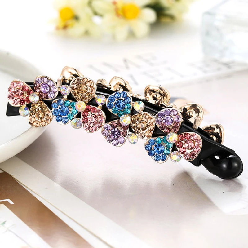 Korea New Flower Banana Hair Clip Fashion Ladies Ponytail Vertical Hairpin Paint Rhinestone Hairgrip Barrettes Women Headdress