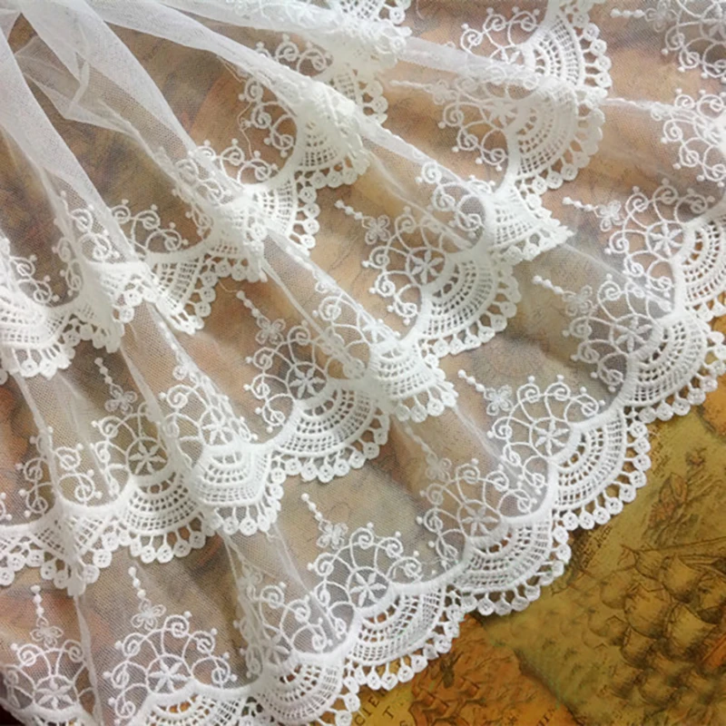 Mesh Lace Trim 2 Yard Ivory Gauze Tulle Three Layer Cotton Embroidery Ribbon Edge Dress Skirt Clothes Sewing Fabric M4F352