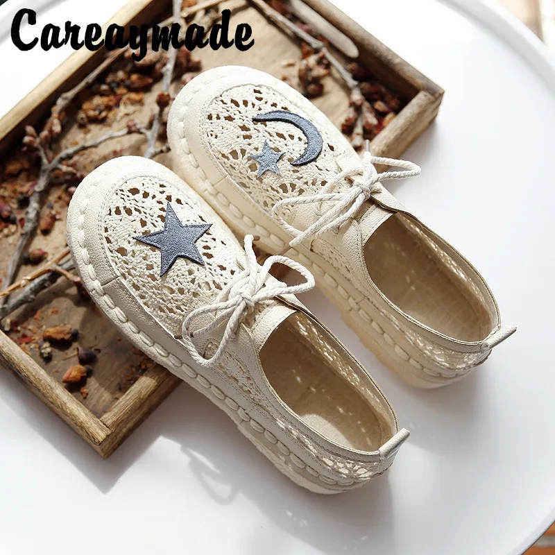 Careaymade-Original handmade women's shoes,soft soled sewing sandals, artistic tars&moons shoes,lace up small white casual shoes