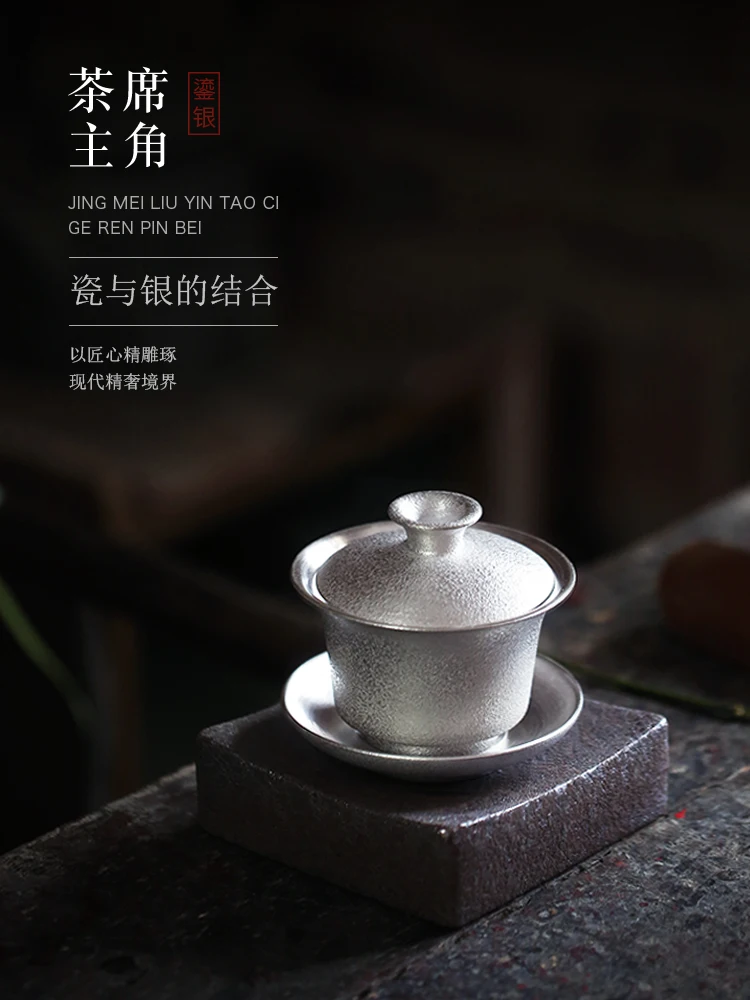 Silver-plated three-color cover bowl sterling silver single handmade hand-held big teacup Kung Fu tea set