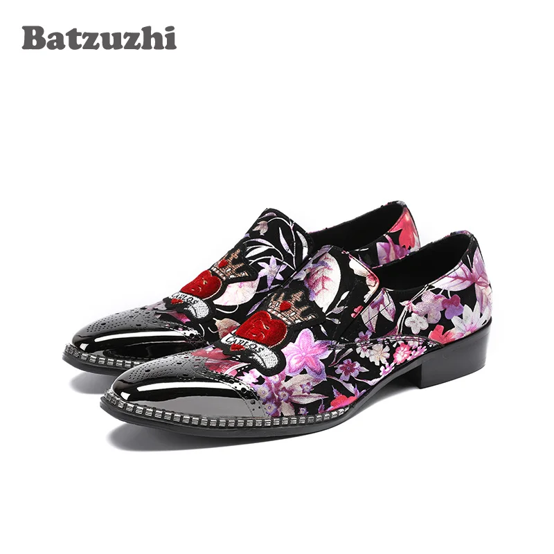 Batzuzhi 2020 New Handmade Men Shoes Silver Metal Tip Black Suede Print with Flowers Rock Men's Dress Shoes Party Runwawy, 38-46