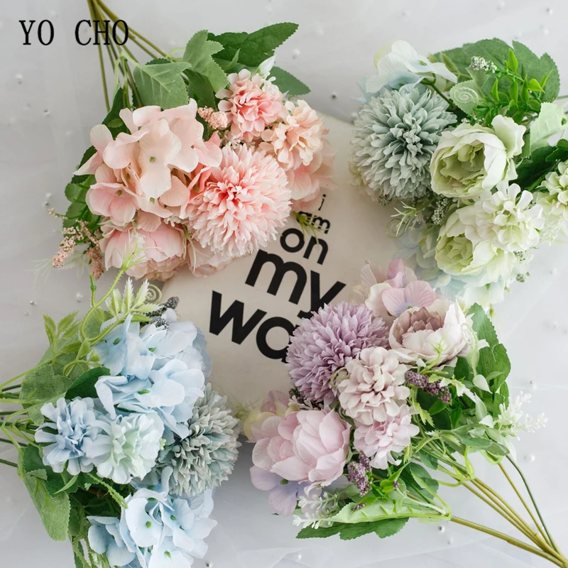 YO CHO Wedding Bouquet Artificial Silk Rose Peony Flower Bride Bouquet Pink Hydrangea Pompom Bud Vanilla Spike Wedding Supplies