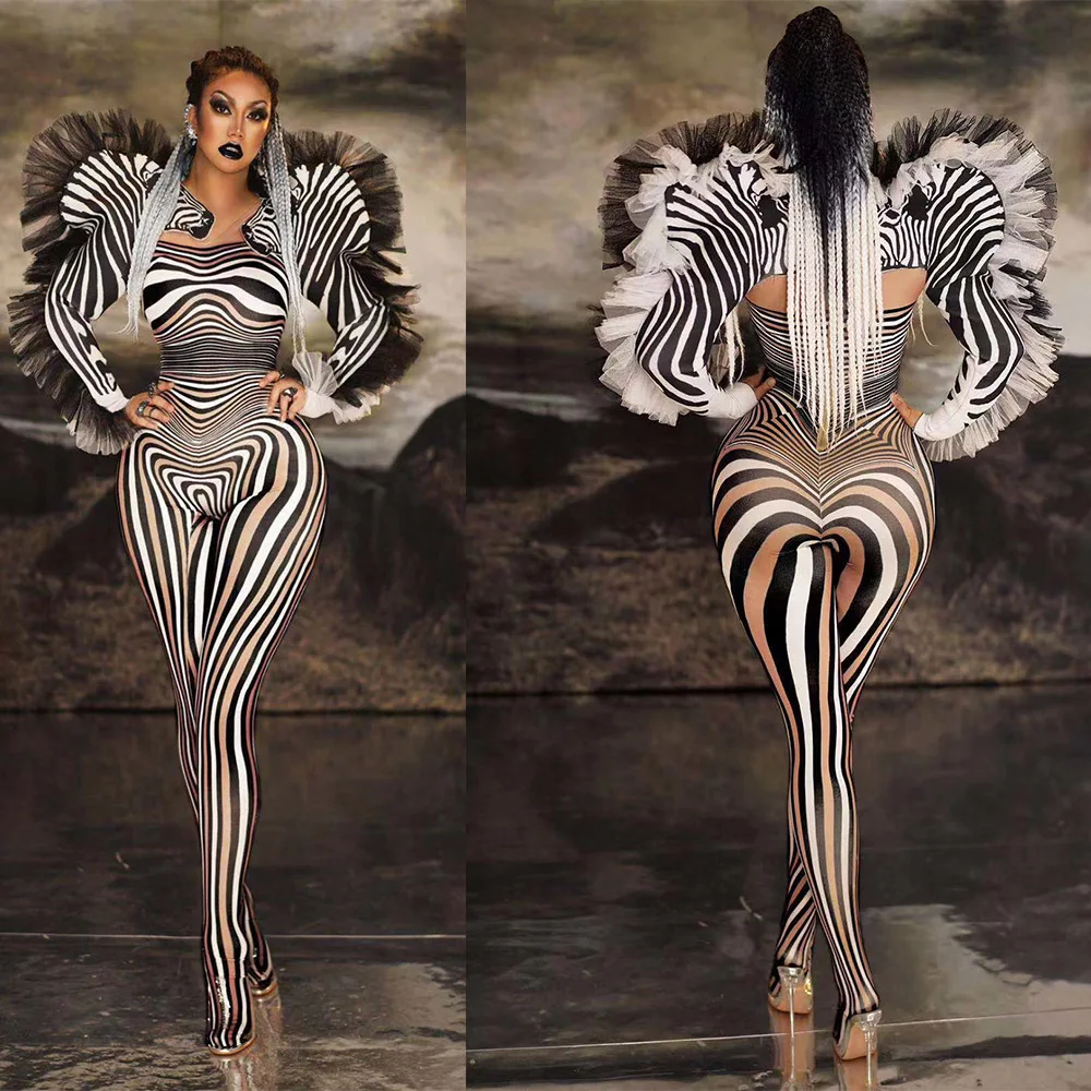 Women Tight Stretch Jumpsuits Zebra Pattern Print Long Sleeve Nightclub DJ DS Singer Dance Gogo Costumes Stage Wear Outfit