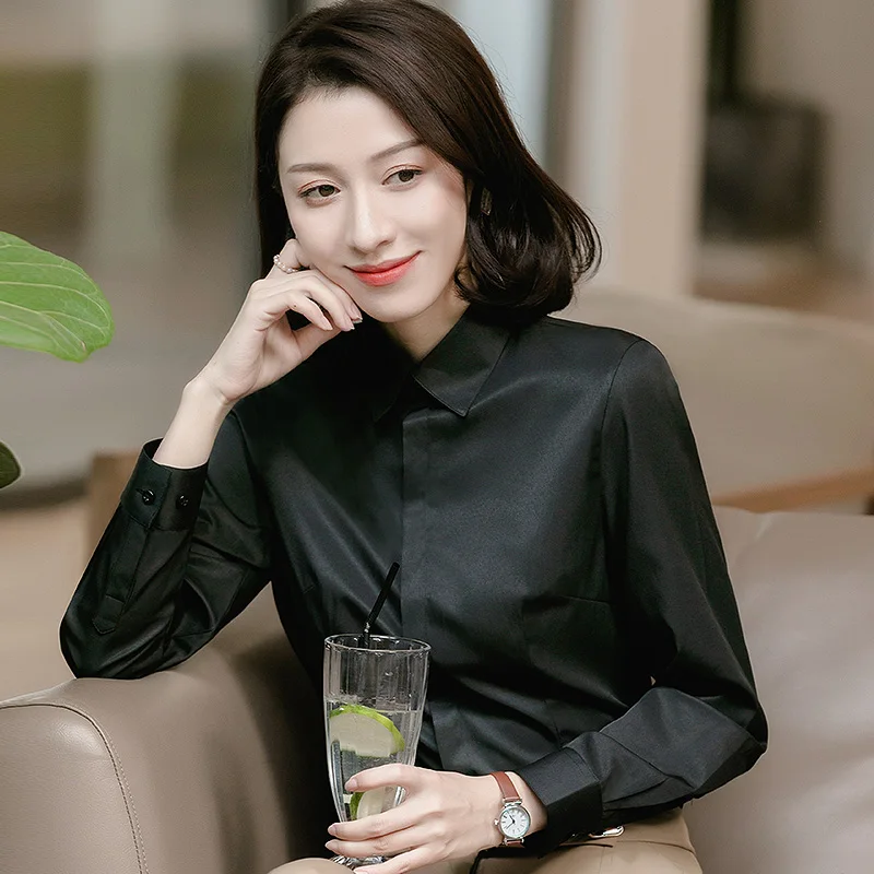 Women Basic Long sleeve Concealed Button Placket Dress Shirts Ladies Office Formal Slim-fit Blouses Tops Blusa Social Work Shirt