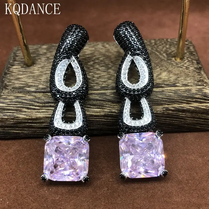 

KQDANCE Artificial Square 15mm Green Emerald Gemstones Yellow Pink CZ Diamond with Black Zircon Stones Long Earrings Women