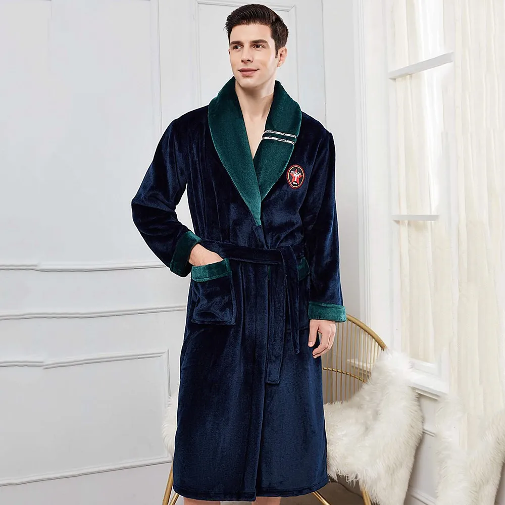 Winter Thicken Warm Nightwear Flannel Men Robe Kimono Bath Gown Coral Fleece Nightgown Casual Loose Home Clothes Plus Size 3XL