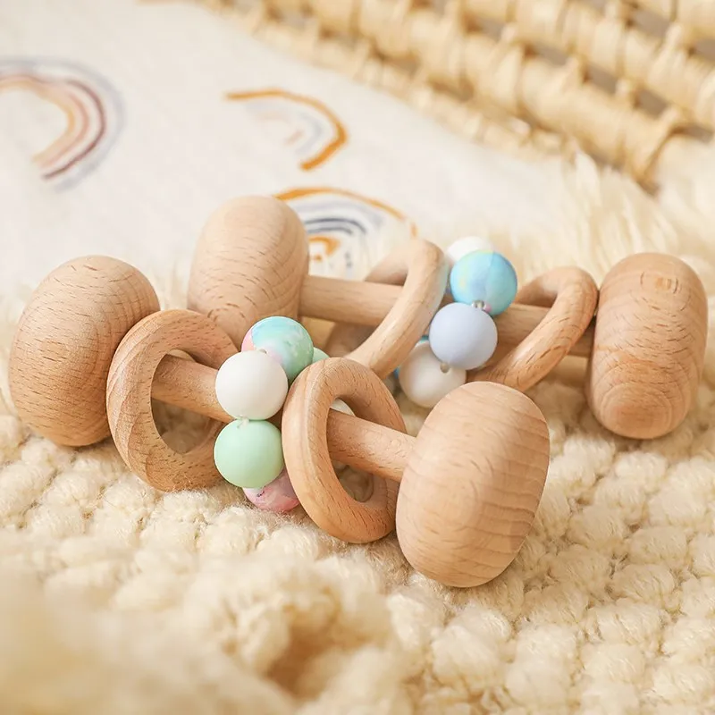 Wooden Rattle Beech Hand Teething Wooden Ring Baby Planet beads Rattles Play Gym Montessori Stroller Toy baby Christmas Gift