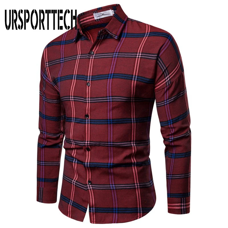 

URSPORTTECH New Fashion Men Shirt Long Sleeve Plaid Shirt Men Blouse Plus Size Shirt Business Casual Slim Fit Clothing