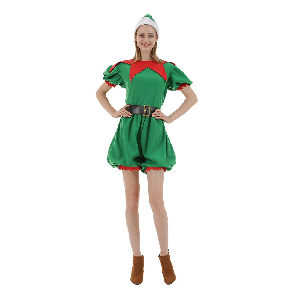 Women Santa Elf Cosplay Costume Adult Christmas Short Jumpsuits New Year Fancy Dress