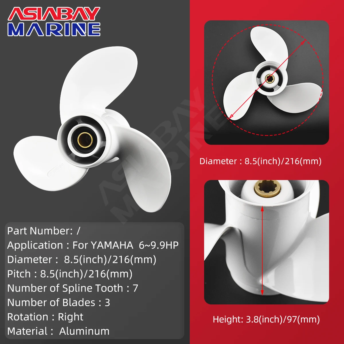 For Yamaha Outboard Propeller 8-1/2 x 8-1/2 Aluminum Alloy Screw 3 Blade 7 Spline for Ship Marine Engine 6 8 9.9 HP Boat Motor