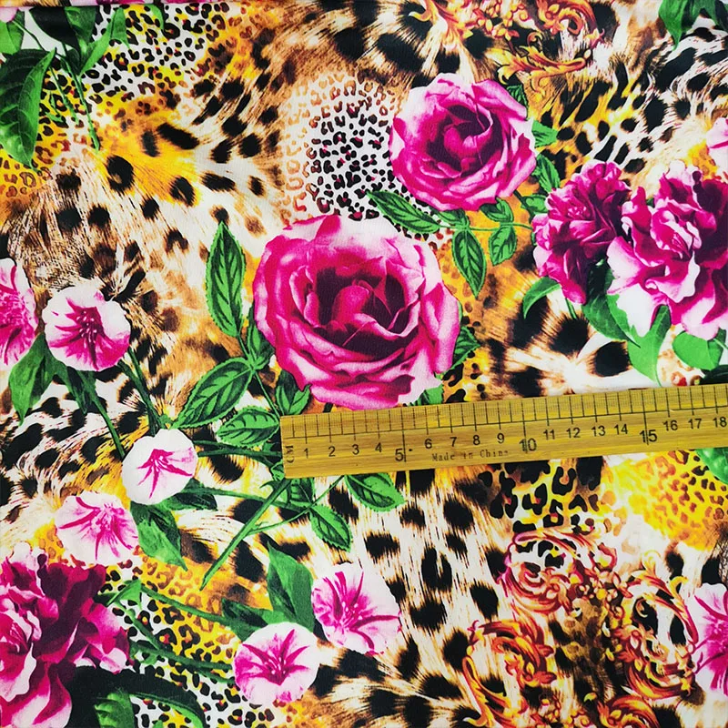 Good Milk Silk Tiger Pattern Cotton/Spandex knit Fabric Yellow Leopard Rose Print 4 Way Stretch  Cloth DIY Sewing Dress/Clothing