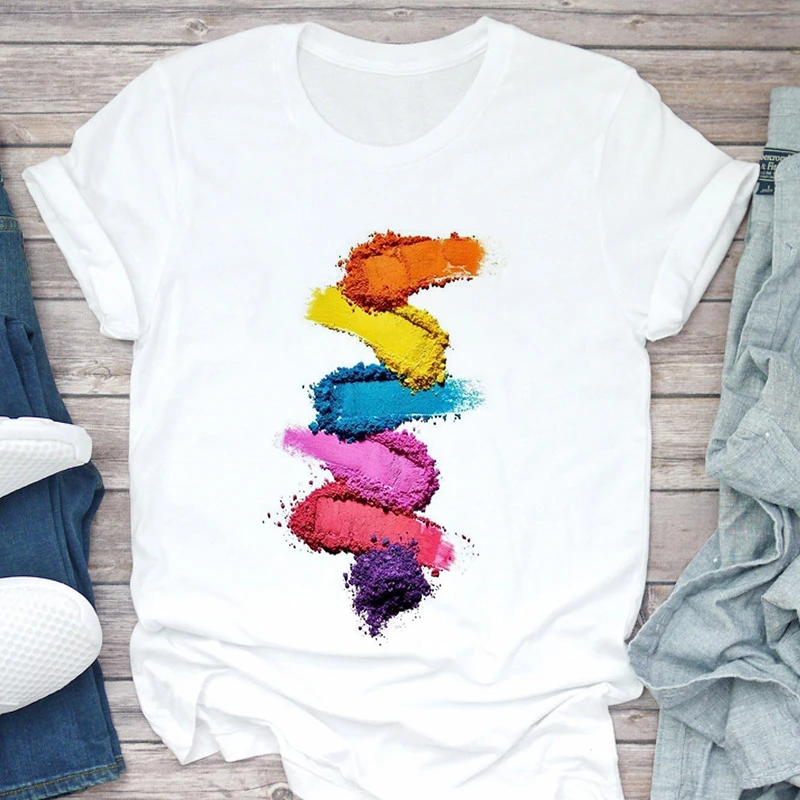 

Women T shirt 3D Make Up Color Graphic Fashion Cute printed Female Tshirt White 0-neck Harajuku summer Ladies Clothes T-shirt