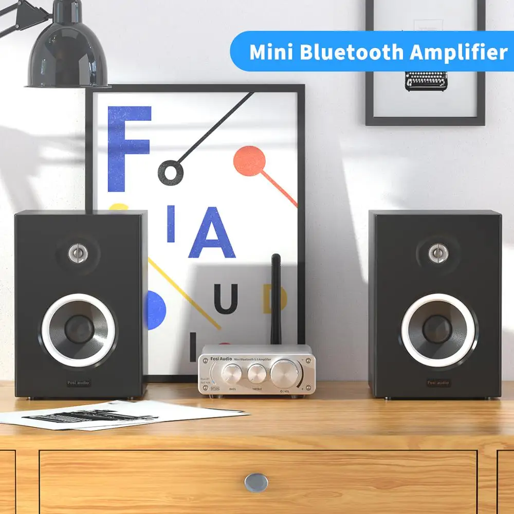 Fosi Audio BT10A Bluetooth 5.0 Stereo Amplifier Receiver Class D Mini HiFi Integrated Amp for Home Speakers 50W*2 Treble & Bass