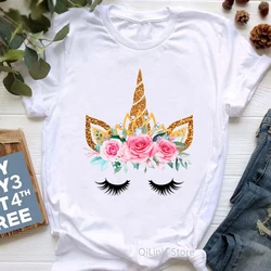 Schöne Einhorn Mit Blumen Gedruckt T-shirt Femme Sommer Top Weibliche Weiß Kurzarm Casual T-Shirt Frauen 90s Mädchen T shirts