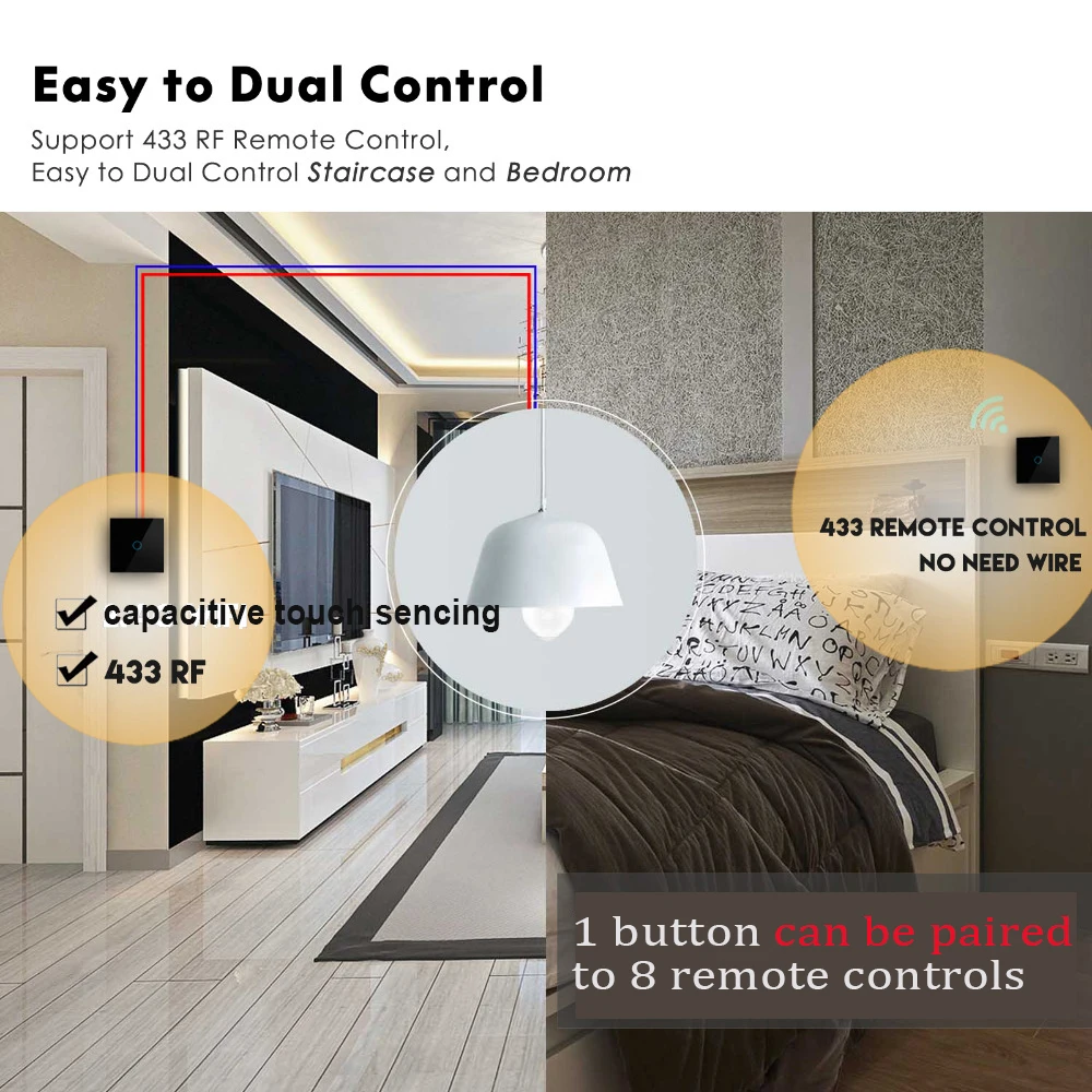RF433 Light Touch Switch Wall RF Switch + 2pcs Wireless Remote Controller RF 433 Eu Standard AC 110-240V
