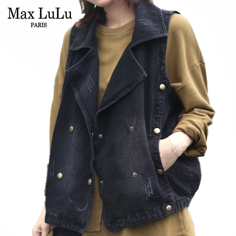 

Max LuLu 2020 Autumn Luxury Coats Korean Designer Ladies Vintage Clothes Womens Printed Denim Waistcoats Black Sleeveless Vest