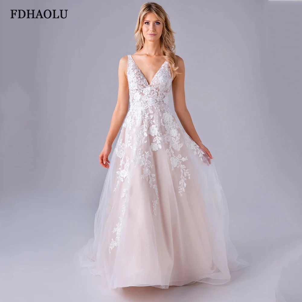 

FDHAOLU FU22 Robe de mariee New arrival Long Wedding Dress with Straps White Lace Open Back Wedding Dresses Vestige De Noiva