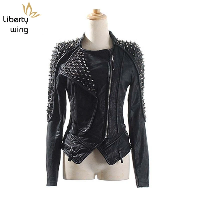 Casaco Feminino Leather Spikes Slim Fit Silver Rivet Metallic Jacket Top Quality Coats Women Motorcycle Jackets