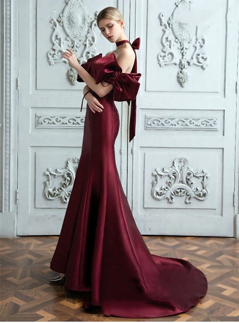 Robe de soirée de forme sirène, Sexy, dos nu, épaules dénudées, col bateau, nœud papillon, tenue de mariage, pour femmes, bordeaux, 2022